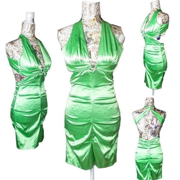 Short Green Halter Cut Out Waist Tight Bodycon Evening Cocktail Mini Dress - Picture 3 of 16